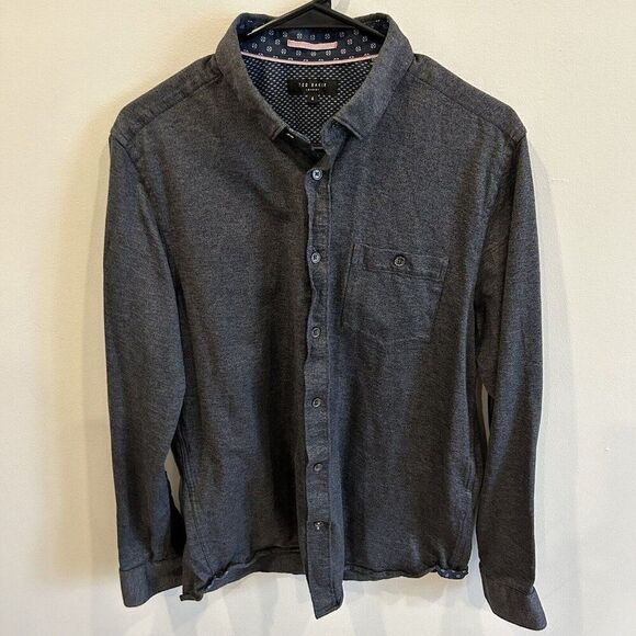 TED BAKER LONDON Long Sleeve Button Up Heather Charcoal Contrasting Trim Size 4 - Picture 1 of 11